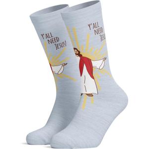 Crazy Dog T-Shirts Y’All Need Jesus Socks Funny Sunday Church Religion Paster Novelty Footwear(Grey)