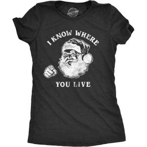 Crazy Dog Womens T Shirts Funny Sarcastic Humor Christmas Tees for Holiday Parties(Heather Black – Santa Knows)