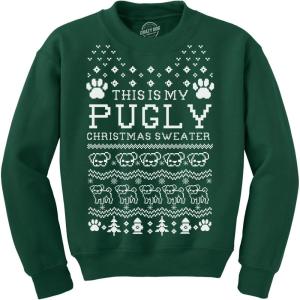 Funny Dog Christmas Sweatshirt – This Is My Pugly Christmas Sweater – Green Crewneck with Pug Graphic and Holiday Icons – Cozy Ugly Holiday Sweater for Dog Lovers – Forest Green L(Forest Green)
