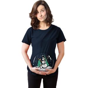 Funny Maternity Christmas Shirts for The Holidays Cute Tees to Celebrate Bumps First Christmas(Heather Navy – Snow Globe)