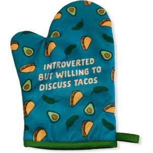 Funny Taco Oven Mitt – Introverted but Willing to Discuss Tacos Design – Durable Cotton Blend with Heat Protection – Novelty Mexican Food Kitchen Glove for Cooking and Taco Lovers(Discuss Tacos)