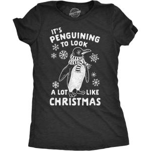 Funny Womens Christmas Shirts Wholesome Shirts for Happy Holiday Tees for Ladies(Heather Black – Penguining Christmas)