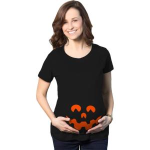 Maternity Cartoon Eyes Pumpkin Face T Shirt Halloween Fall October Pregnancy Tee(Black)