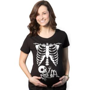 Maternity Skeleton Baby Monster Pumpkin T Shirts Funny Cute Pregnancy Halloween Tees(Black)