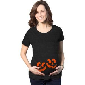 Maternity Twin Pumpkin Faces T Shirt Cute Halloween Jack-O-Lantern Pregnancy Tee(Heather Black)
