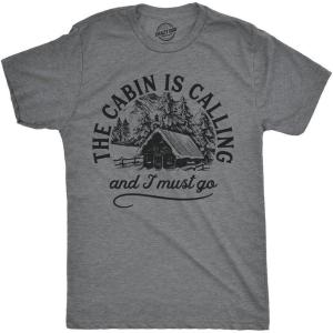 Mens Camping T Shirts Funny Camp Tees for Guys Cool Shirts for Outdoor Camping(Dark Heather Grey – Cabin Calling)