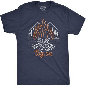 Mens Camping T Shirts Funny Camp Tees for Guys Cool Shirts for Outdoor Camping(Heather Navy – Log on)