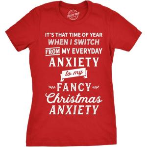 Womens Fancy Christmas Anxiety T Shirt Funny Holiday Season Tee for Ladies(Red)