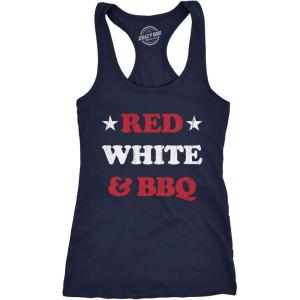 Womens Red White and BBQ Fitness Tank Funny Patriotic Barbecue Text Shirt for Ladies(Navy)