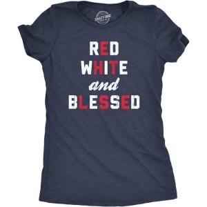 Womens Red White and Blessed T Shirt Funny Fourth of July Party Text Tee for Ladies(Heather Navy)