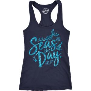 Womens Tank Seas The Day Tanktop Cute Mermaid Summer Tee for Ladies Glitter Print(Navy)