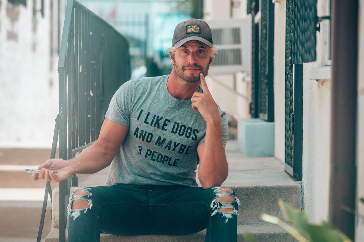 imageMens I Like Dogs and Maybe 3 People T Shirt Funny Pet Lover Dad Cool Graphic TeeDark Heather Grey