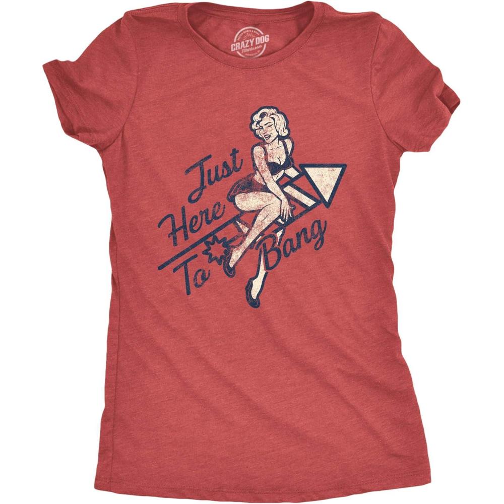 imageWomens Just Here to Bang T Shirt Funny Firework pin up Model USA Graphic TeeHeather Red Here to Bang