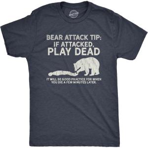 Crazy Dog Mens T Shirt Bear Attack Tip Funny Camping T Shirt Sarcastic Sarcastic Hiking Tee(Heather Navy – Bear Attack Tip)