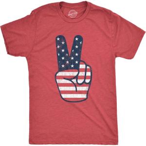 Crazy Dog T-Shirts Mens Peace Sign American Flag T Shirt 4th of July USA Patriotic Party Graphic Tee(Heather Red)