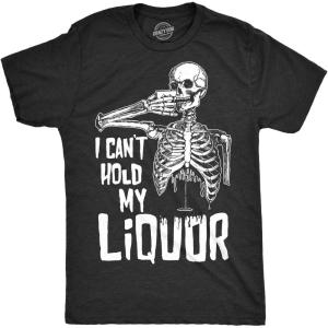 Funny Skeleton T Shirts Hilarious Mens Halloween Tees with Vampires and Bones for Guys(Heather Black – Hold Liquor)