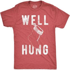 Mens Well Hung T Shirt Funny Christmas Stocking Tee Offensive Humor Xmas Gifts(Heather Red)