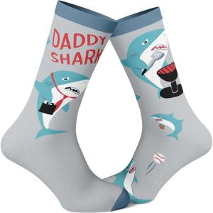 Crazy Dog T-Shirts Men’s Funny Dad Socks Fathers Day Graphic Novelty Footwear(Daddy Shark Grey Ver)
