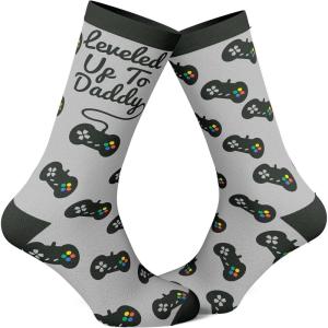 Crazy Dog T-Shirts Men’s Funny Dad Socks Fathers Day Graphic Novelty Footwear(Leveled to Daddy)
