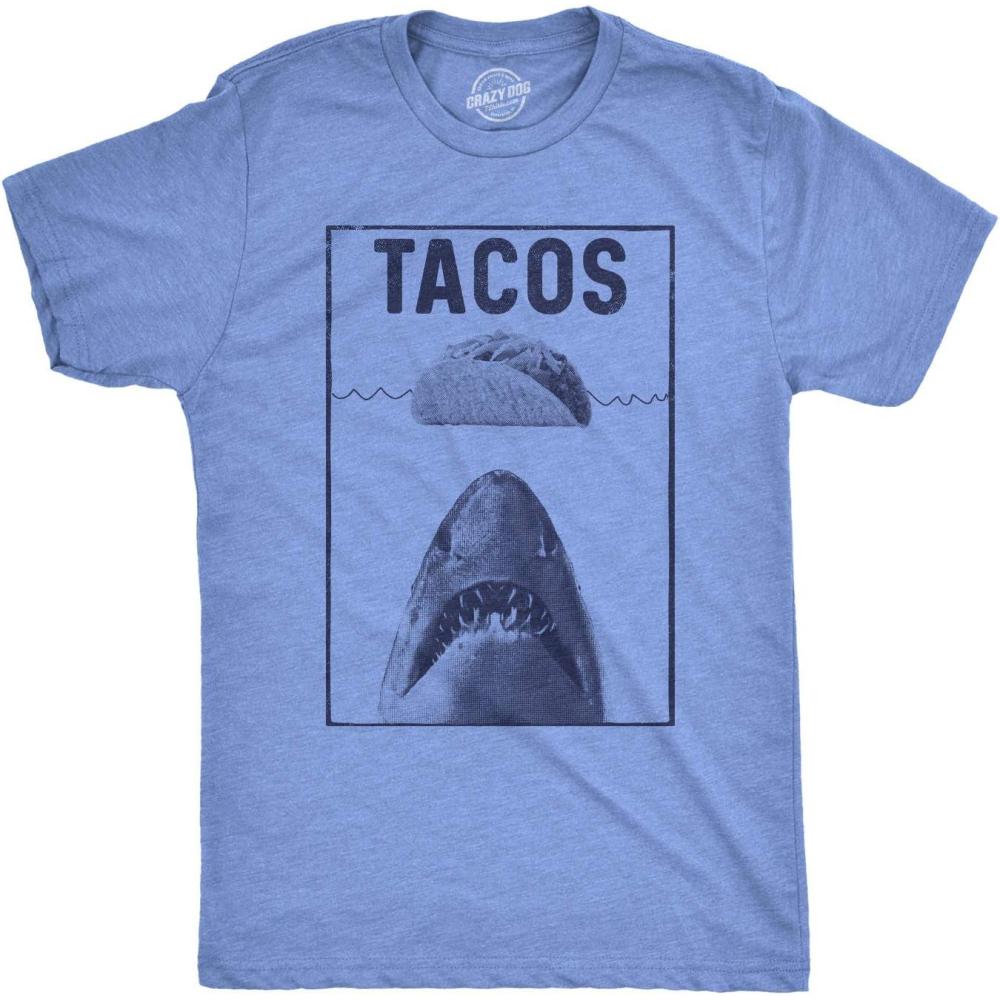 imageMens Tacos Shark T Shirt Funny Jaws Tee for GuysHeather Light Blue