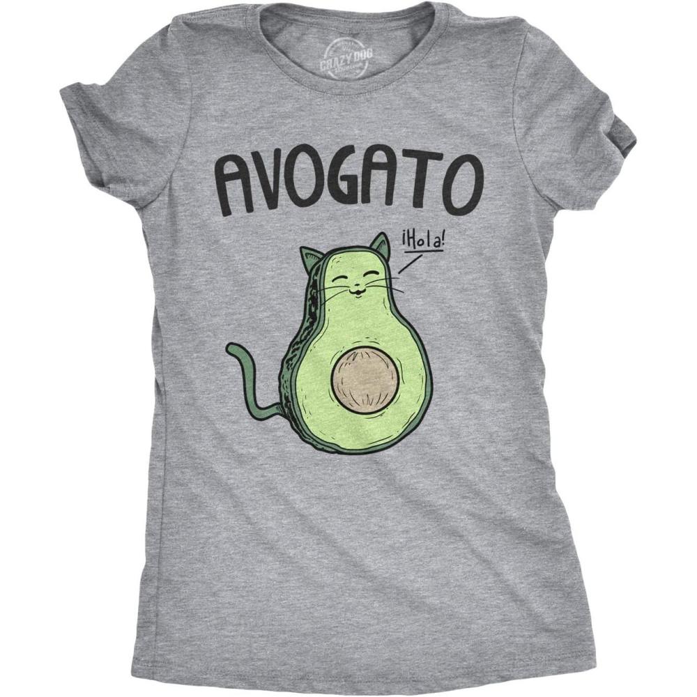 imageWomens Avogato Funny T Shirt Avocado Cat Cute Face Graphic Novelty Tee for GirlsLight Heather Grey Avogato