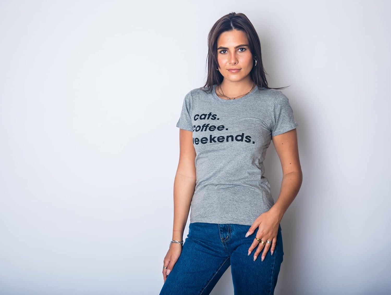 imageWomens Cats Coffee Weekend T Shirt Cat Mom Tee Addicted to Caffeine TopDark Heather Grey