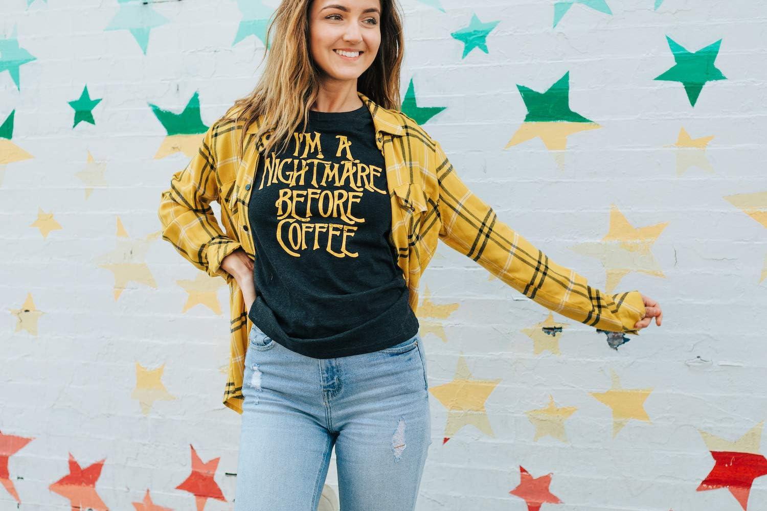 imageWomens Im A Nightmare Before Coffee T Shirt Funny Christmas Movie TeeHeather Black