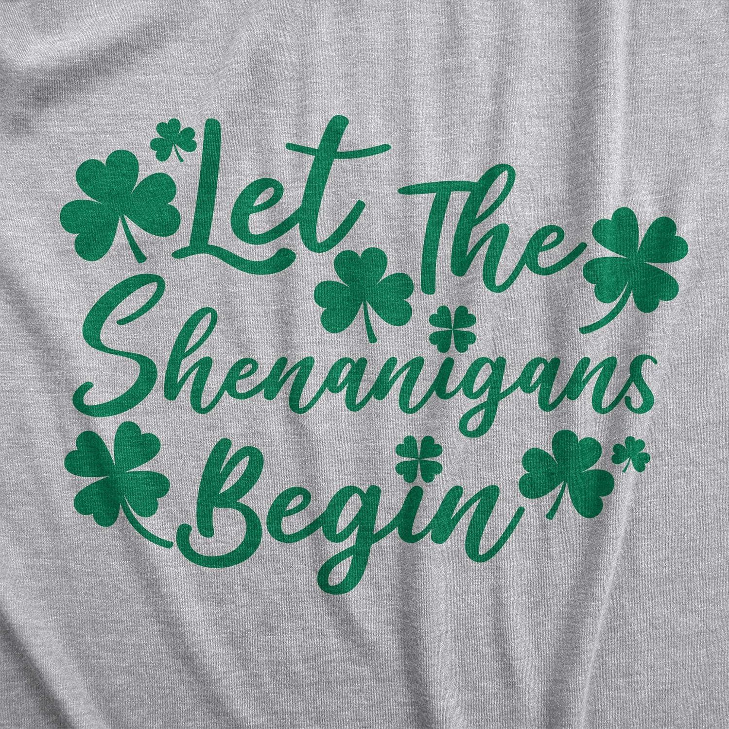 imageWomens Let The Shenanigans Begin Funny Saint Patricks Day Saying TShirt CloverLight Heather Grey