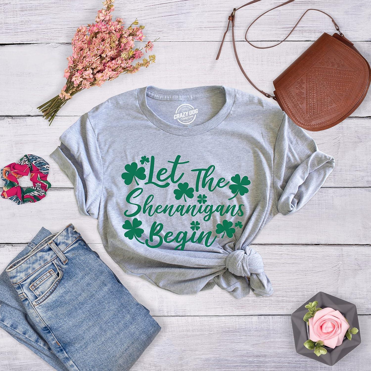 imageWomens Let The Shenanigans Begin Funny Saint Patricks Day Saying TShirt CloverLight Heather Grey