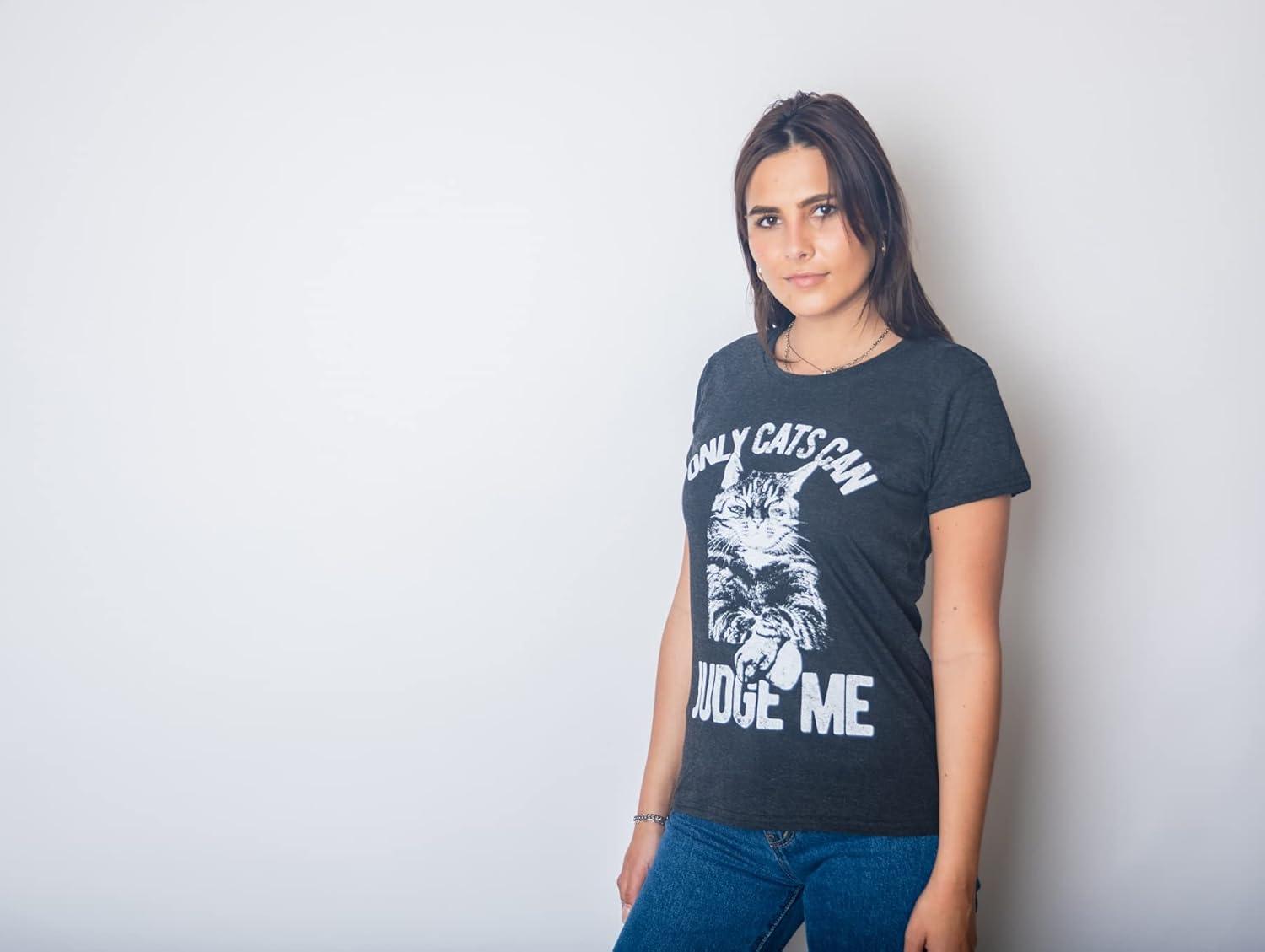imageWomens Only Cats Can Judge Me T Shirt Funny Cute Pet Mom Kitty Owner GraphicHeather Black