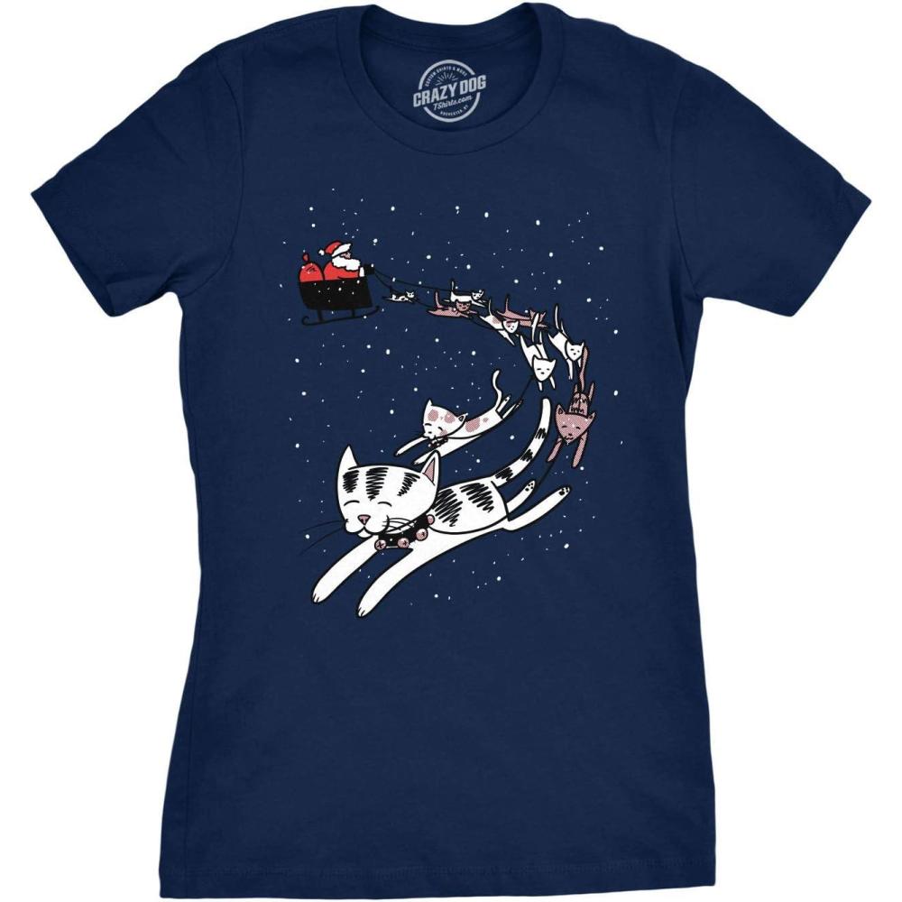 imageWomens Cat Reindeer Sleigh T Shirt Funny Santa Christmas Holiday Party TeeNavy