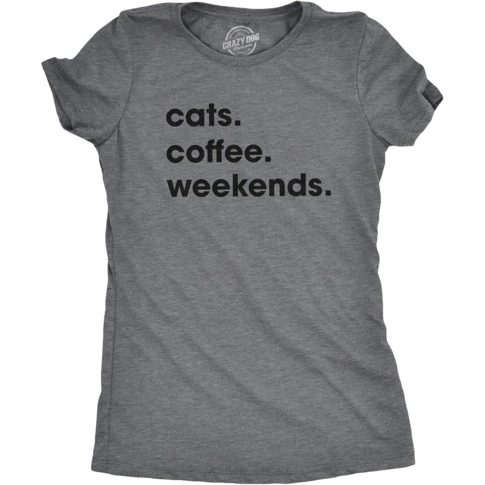 imageWomens Cats Coffee Weekend T Shirt Cat Mom Tee Addicted to Caffeine TopDark Heather Grey