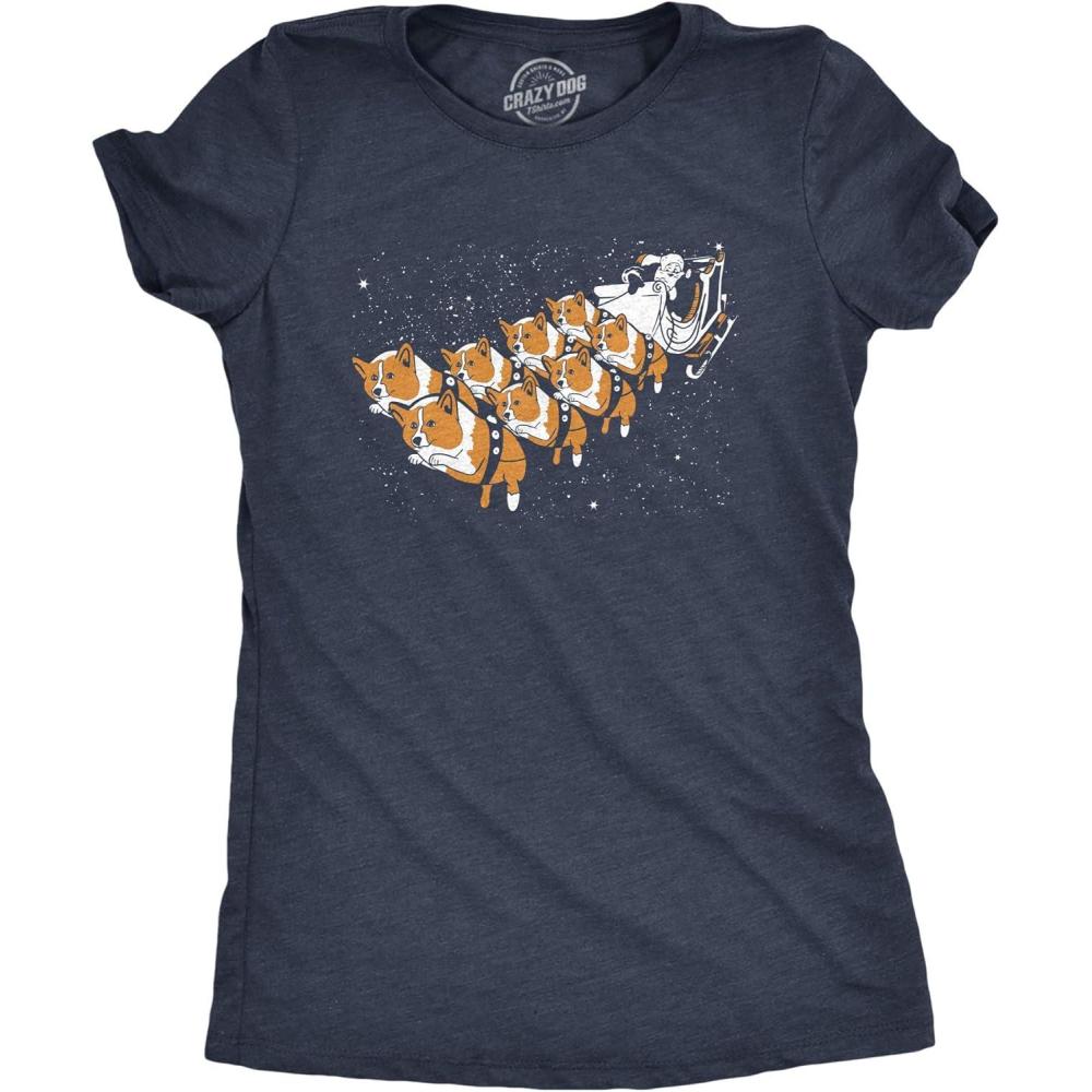 imageWomens Corgi Sleigh T Shirt Funny Christmas Santa Claus Dog TeeHeather Navy