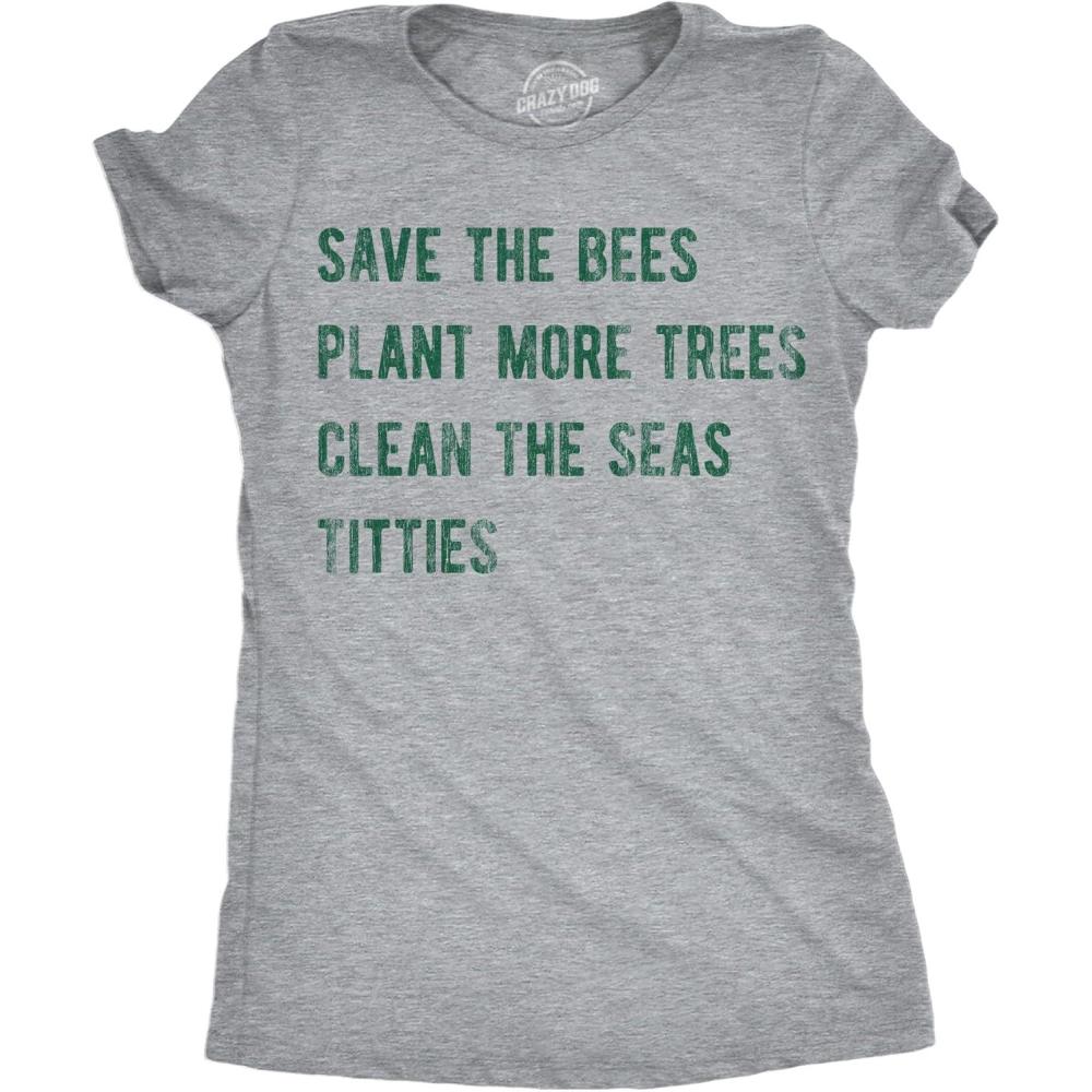 imageWomens Earth Day T Shirt Funny Awesome Environmental Nature Recycling Tee for LadiesLight Heather Grey Bees Trees Seas Titties