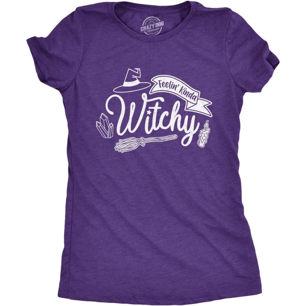 imageWomens Feelin Kinda Witchy T Shirt Funny Halloween Witch TeeHeather Purple