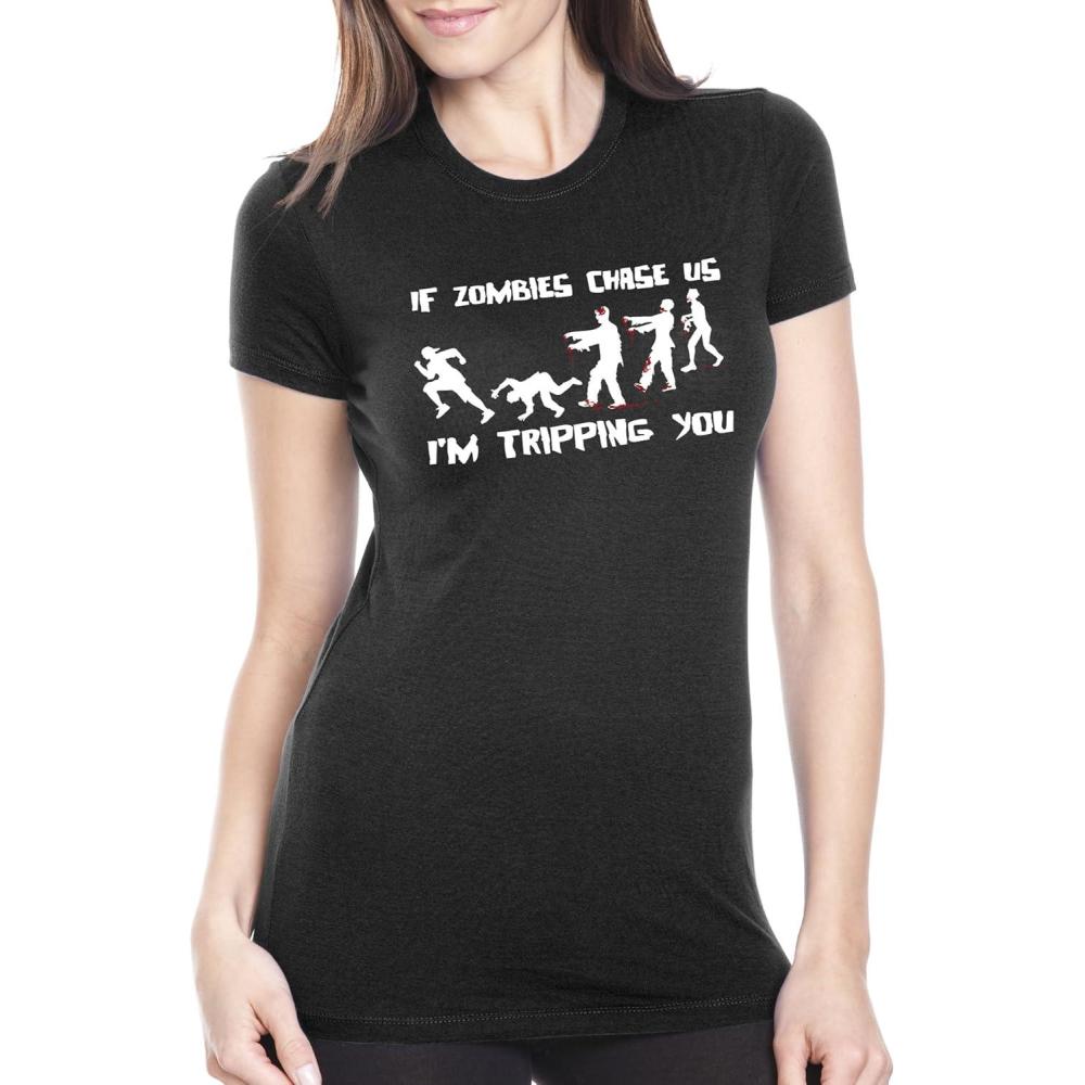 imageWomens If Zombies Chase Us Im Tripping You Funny Sarcastic Halloween T ShirtBlack