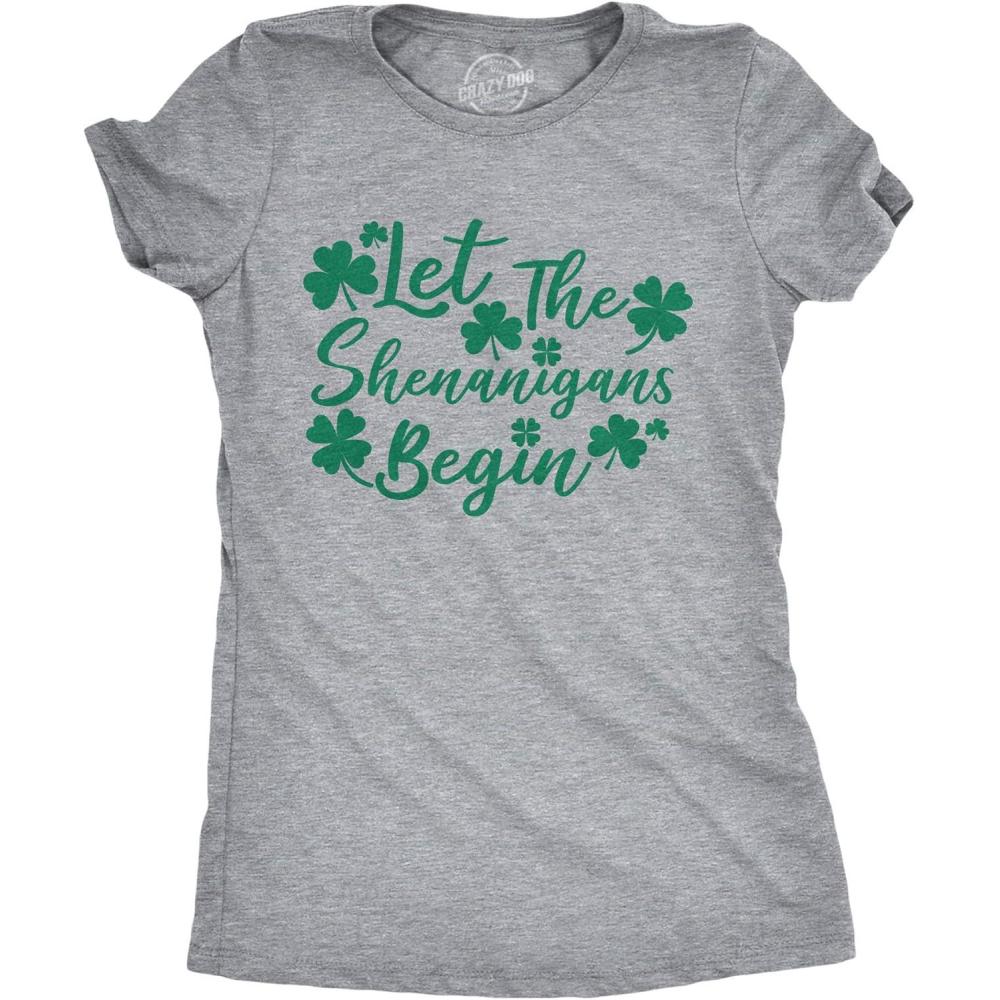 imageWomens Let The Shenanigans Begin Funny Saint Patricks Day Saying TShirt CloverLight Heather Grey