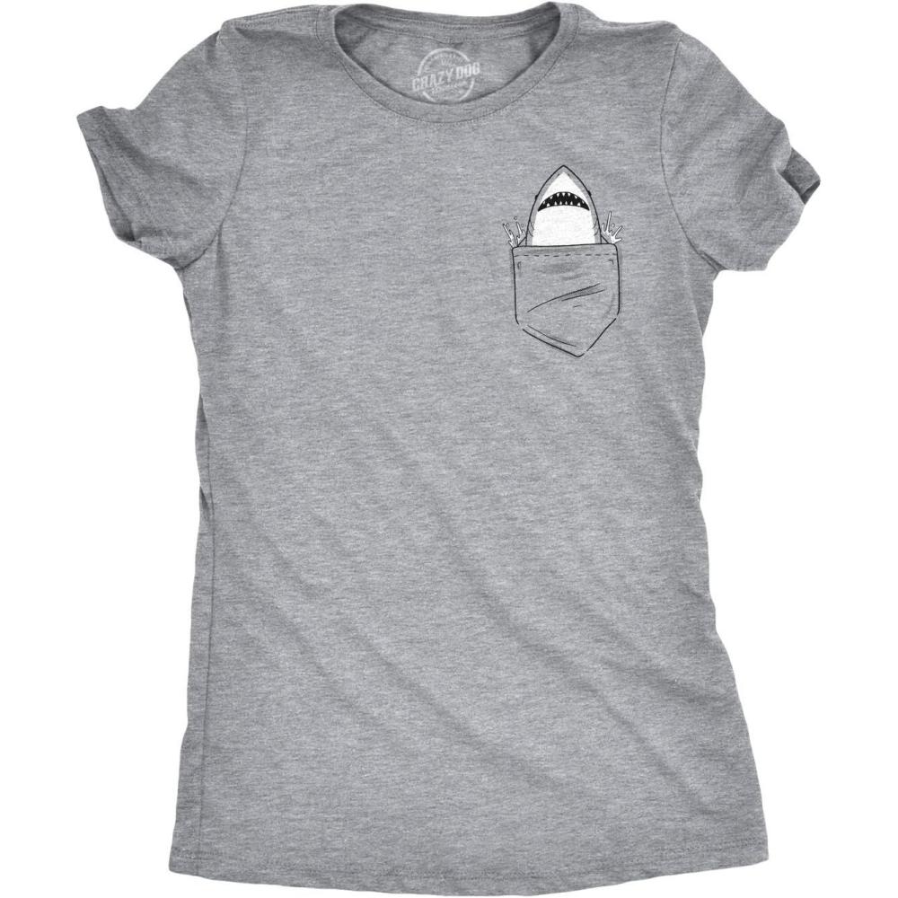 imageWomens Pocket Shark Funny T Shirts Printed Graphic Jaws Cool Shark Novelty T ShirtLight Heather Grey Pocket Shark