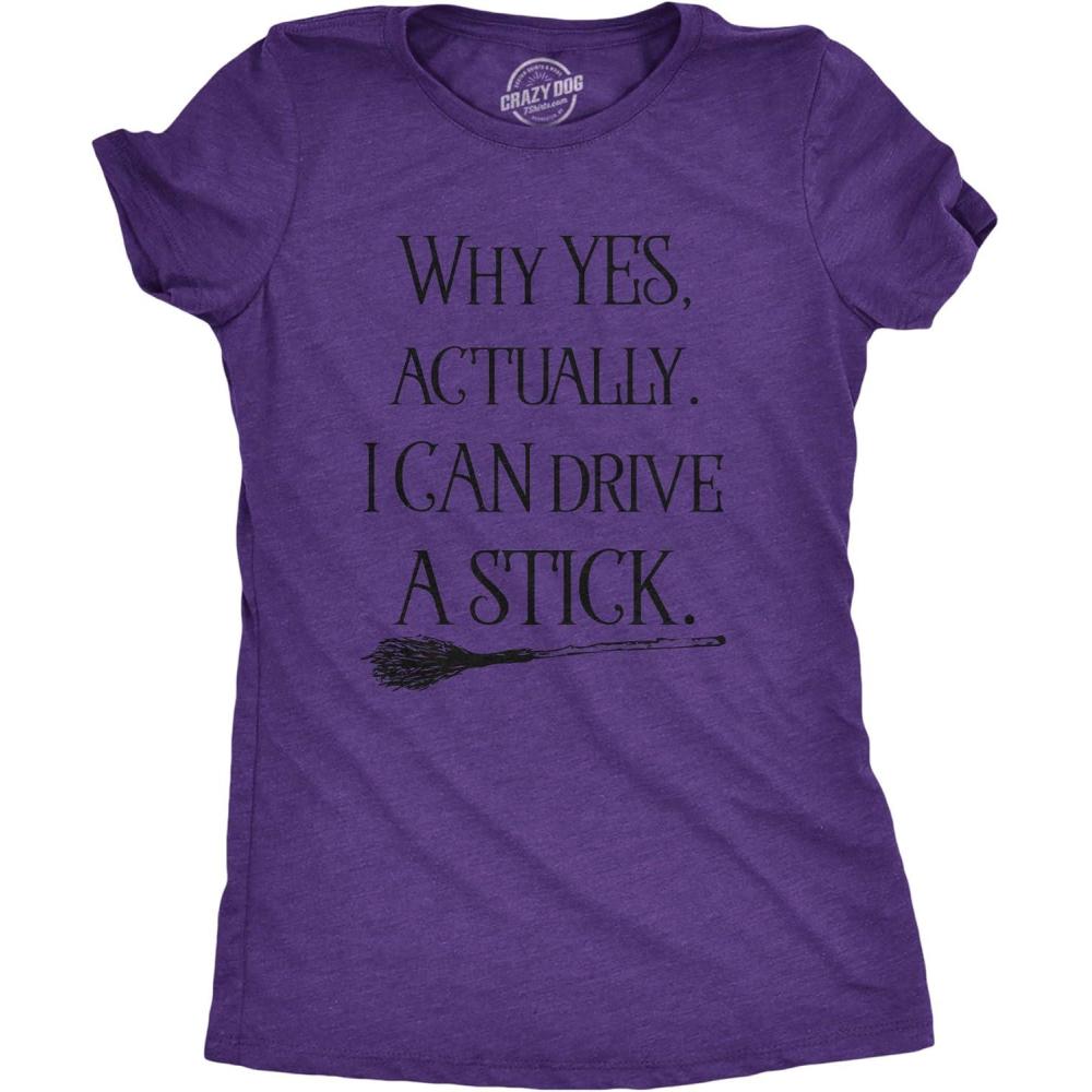 imageWomens Why Yes I Can Drive A Stick Funny Halloween Witch Sarcastic Cute T ShirtHeather Purple