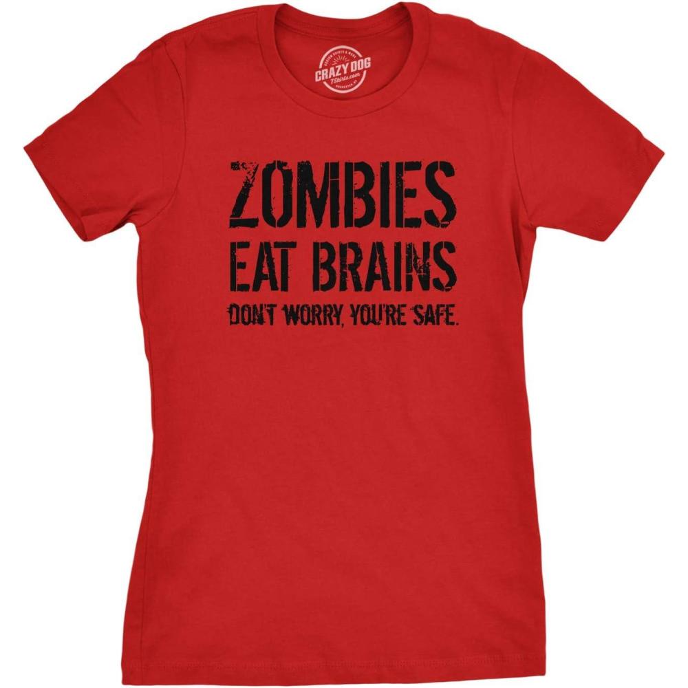 imageWomens Zombies Eat Brains so Youre Safe Funny T Shirt Halloween Living Dead TeeHeather Red