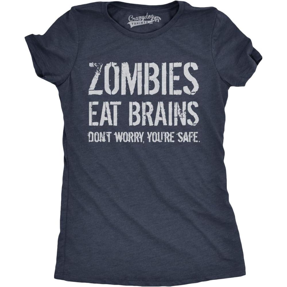 imageWomens Zombies Eat Brains so Youre Safe Funny T Shirt Halloween Living Dead TeeNavy