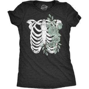 Funny Skeleton T Shirts for Women – Humerus Tees with Bone Tingling Jokes for Ladies(Heather Black – Floral Ribcage)