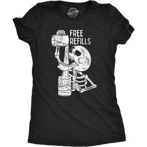 Funny Womens Halloween T Shirts Drinking T Shirts for Halloween Party Cute Tees for Women(Heather Black – Free Refils)
