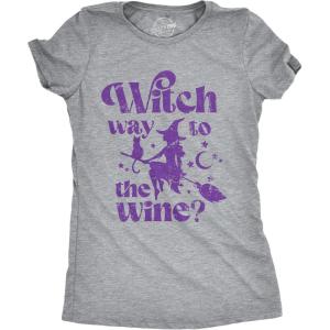 Funny Womens Halloween T Shirts Drinking T Shirts for Halloween Party Cute Tees for Women(Light Heather Grey – Which Way Wine)