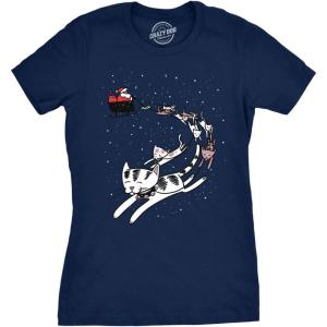 Womens Cat Reindeer Sleigh T Shirt Funny Santa Christmas Holiday Party Tee(Navy)