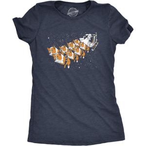Womens Corgi Sleigh T Shirt Funny Christmas Santa Claus Dog Tee(Heather Navy)