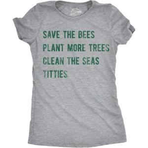 Womens Earth Day T Shirt Funny Awesome Environmental Nature Recycling Tee for Ladies(Light Heather Grey – Bees Trees Seas Titties)