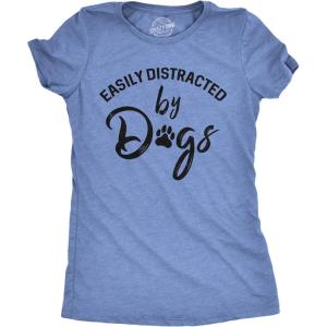 Womens Easily Distracted by Dogs T Shirt Funny Graphic Dog Mom Lover(Heather Light Blue)