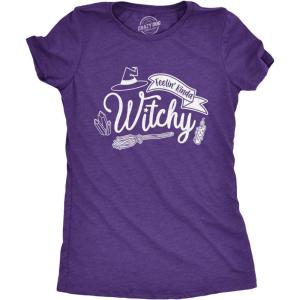 Womens Feelin Kinda Witchy T Shirt Funny Halloween Witch Tee(Heather Purple)