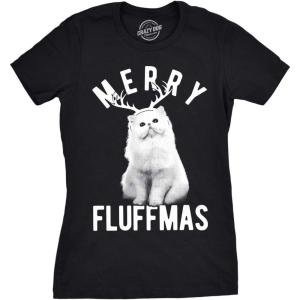 Womens Merry Fluffmas T Shirt Funny Christmas Cat Tee(Black)